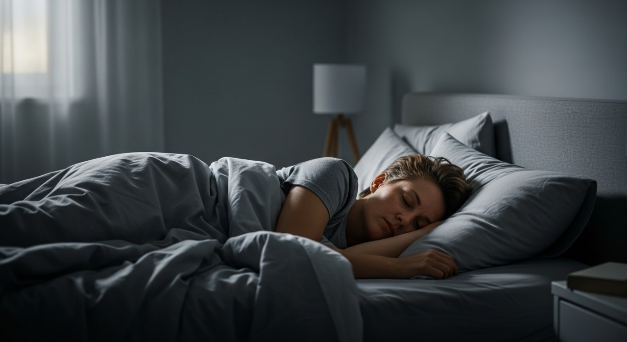 Seorang wanita sedang tidur dengan sangat nyenyak di dalam bilik tidur yang nyaman.