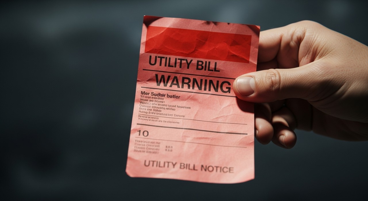 Tangan seseorang memegang bil elektrik berwarna merah yang menunjukkan notis tunggakan bayaran.