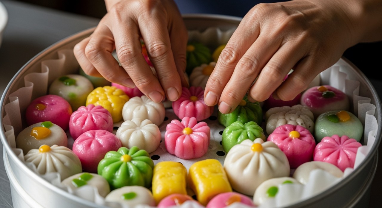 Seseorang sedang menyusun pelbagai jenis kuih muih tradisional di dalam dulang periuk kukus.