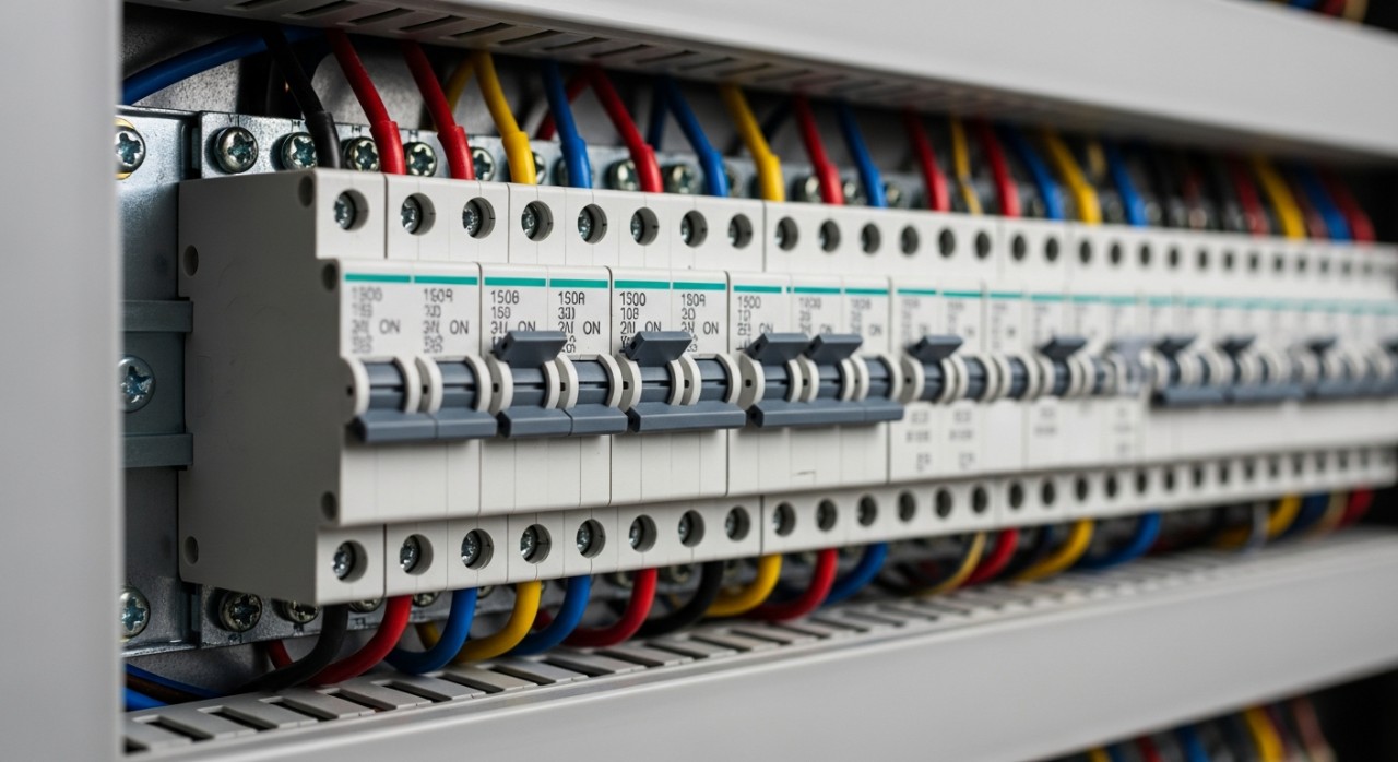 Barisan suis pemutus litar mini yang dipasang dengan kemas di dalam papan agihan elektrik domestik.