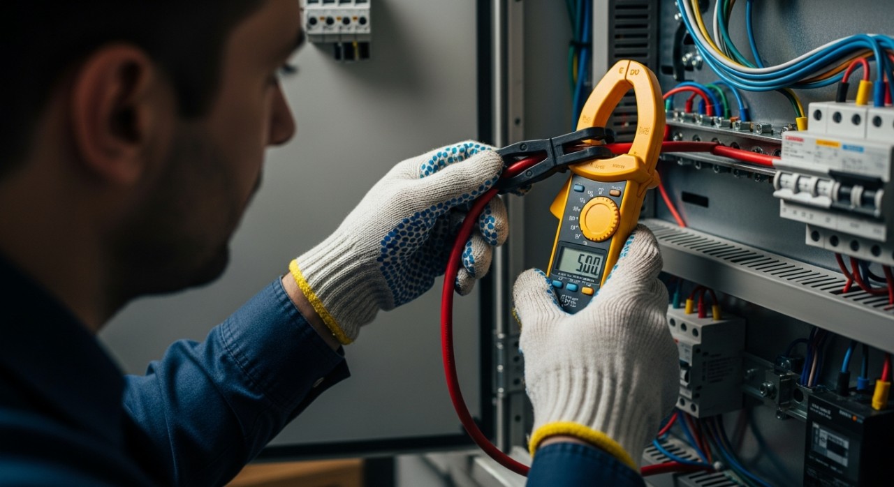 Seorang teknisyen menggunakan alat pengapit meter untuk memeriksa aliran elektrik pada kotak agihan.