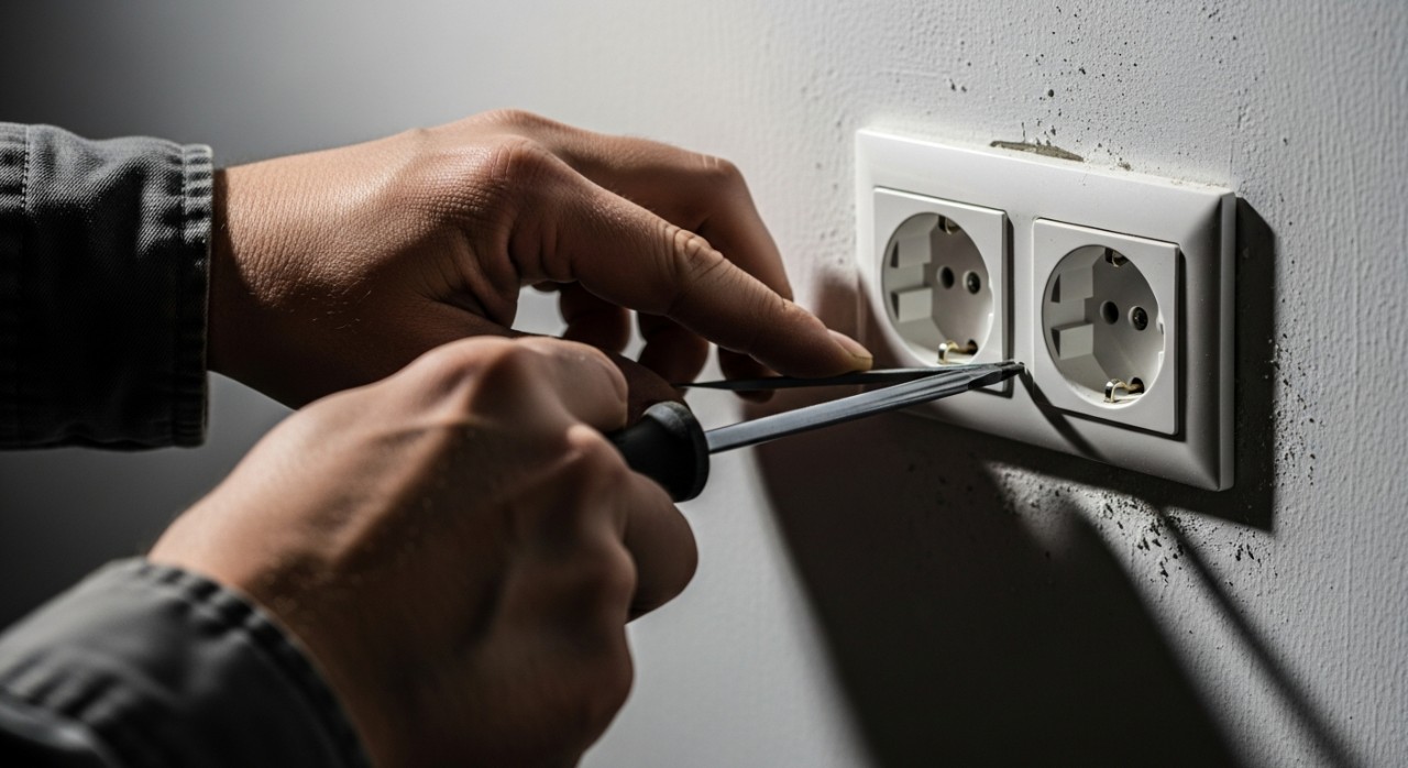 Tangan seorang pekerja sedang mengetatkan skru pada soket elektrik dinding yang baru dipasang.