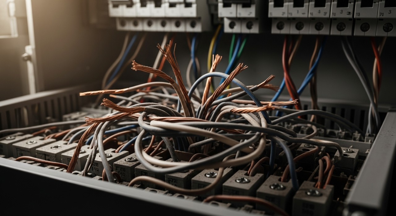 Pendawaian elektrik yang longgar dan tidak kemas di dalam papan agihan.